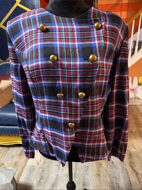 Vintage Lindsey Scott Plaid Double-Breasted Women's Jacket - Blue/Purple Plaid